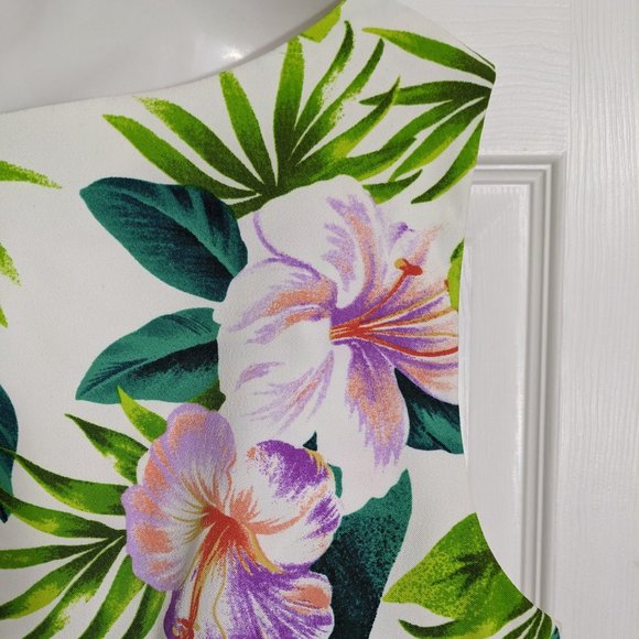 Dressbarn White Green Purple Floral Sleeveless Belted Midi Dress - size 16W - Picture 12 of 15